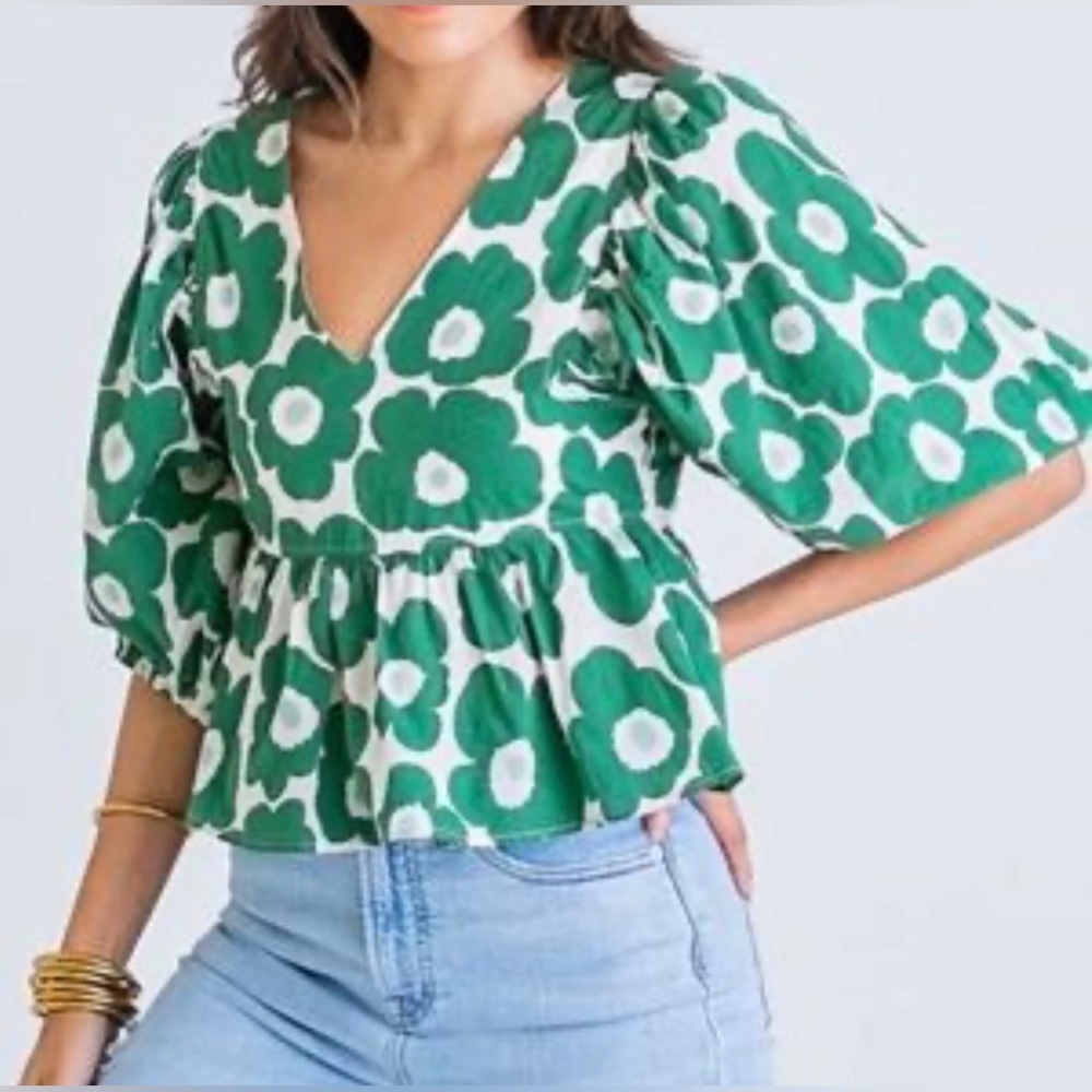 Karlie Floral Poplin Top Green Size Large